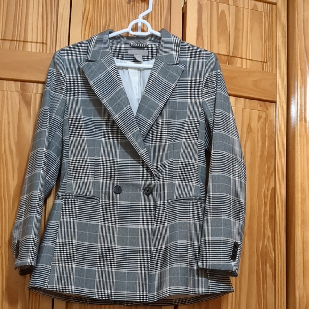 H&M Gray Plaid Double-Breasted Blazer